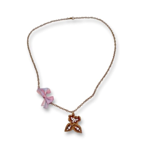 J. Crew Women Rhinestone Pendant Ribbon Necklace Gold Tone Chain Lobster Closure - Picture 1 of 5